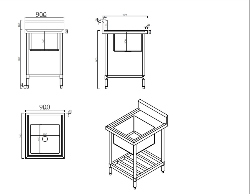 KitchenKnock Single Sink Bench - Center Sink - 700 Series - 900×700×900mm 419946
