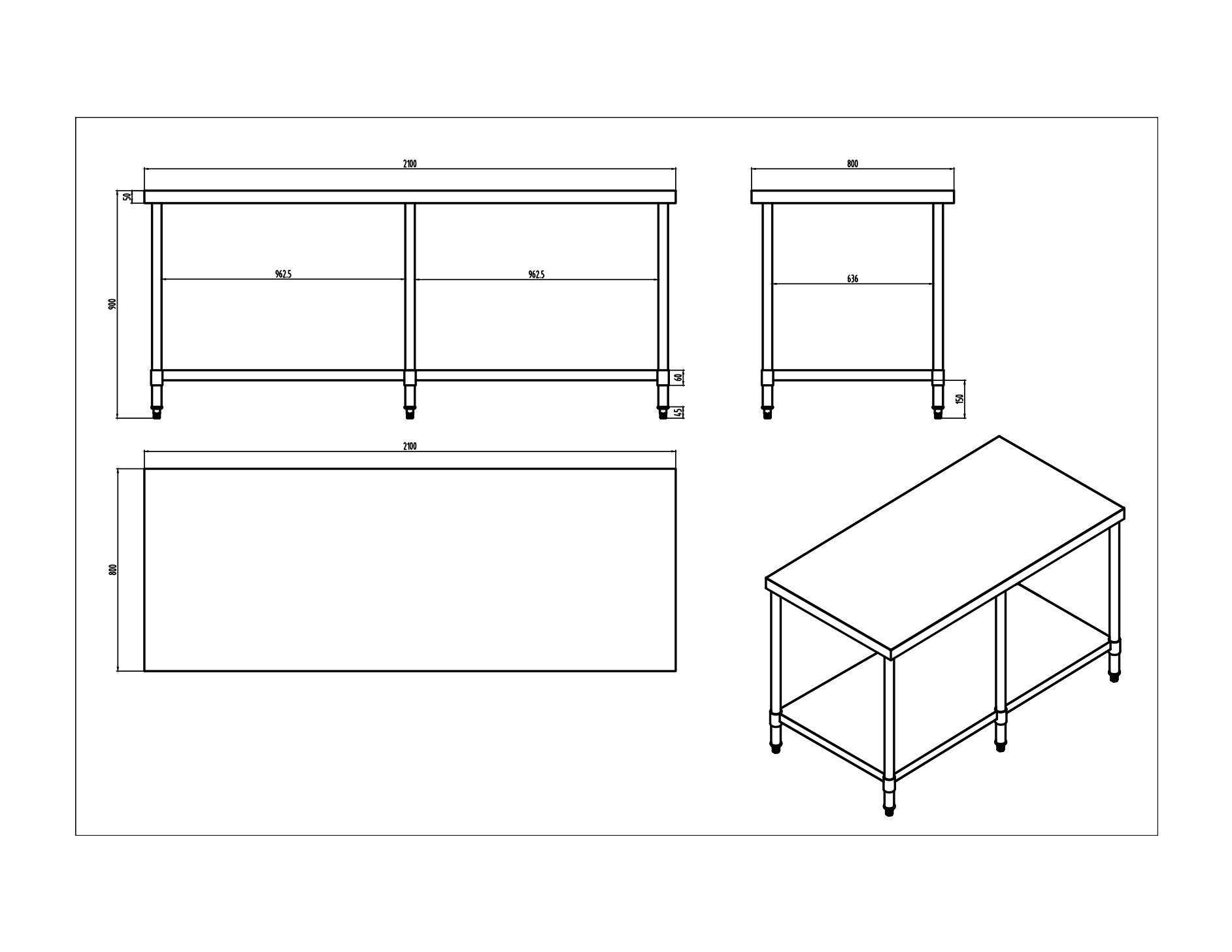 KitchenKnock Working Bench Without Splash Back - 800 Series - AWF - 2100×800×900mm 620324