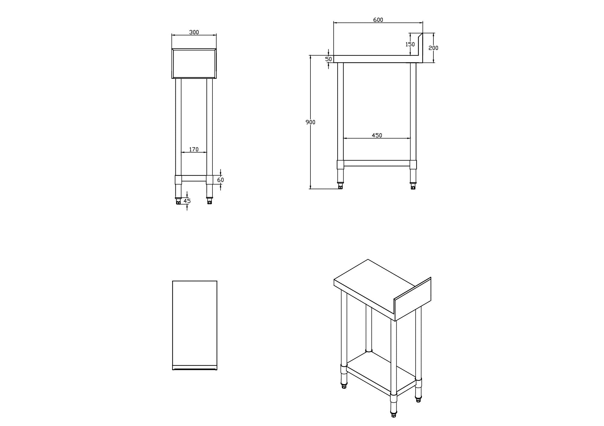 KitchenKnock Working Bench With Splash Back - 600 Single - AWS - 300×600×900mm 424506 - Hospitality Connect