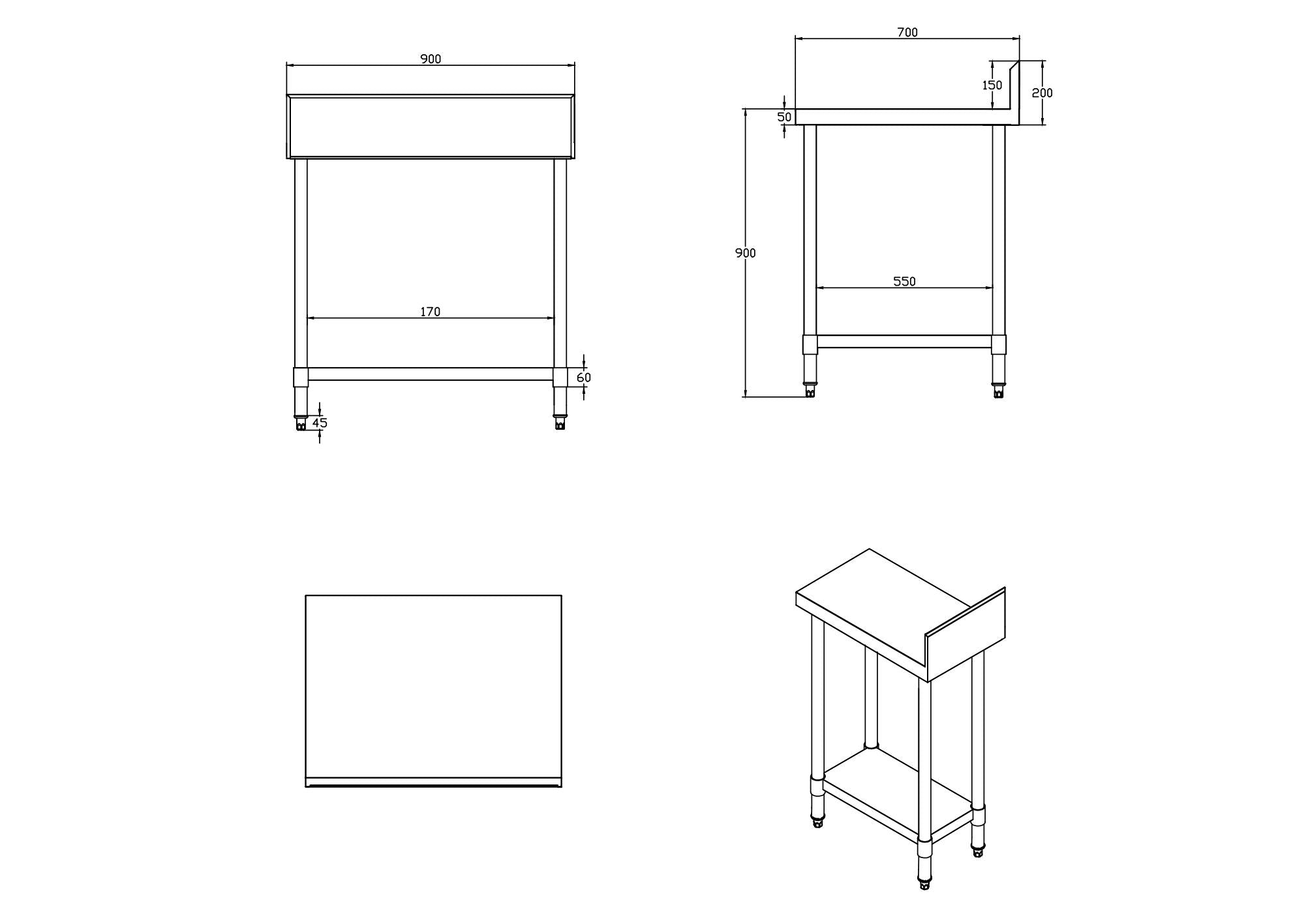 KitchenKnock Working Bench With Splash Back - 700 Series - AWS - 900×700×900mm 419933 - Hospitality Connect