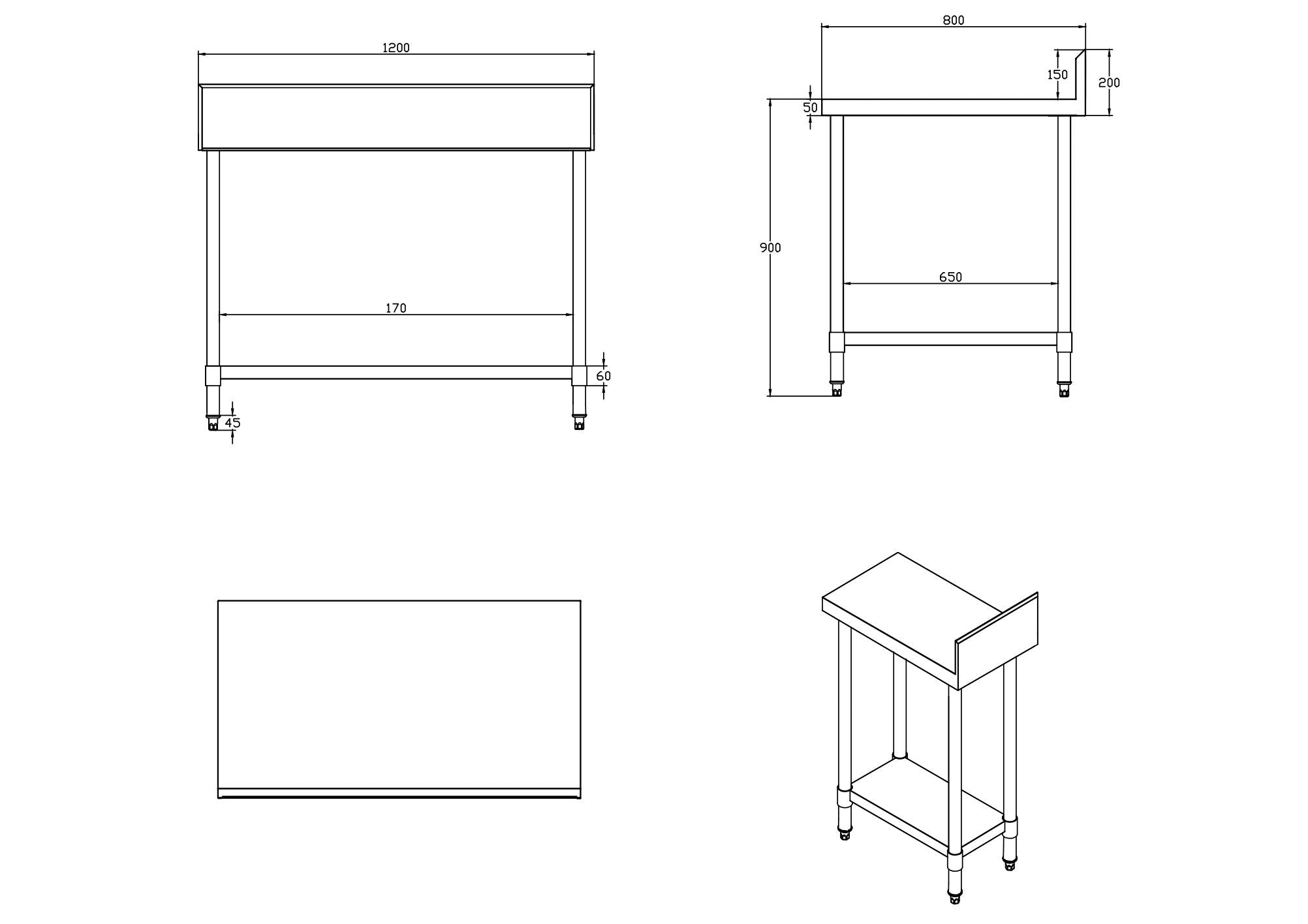 KitchenKnock Working Bench With Splash Back - 800 Series - AWS - 1200×800×900mm 620325 - Hospitality Connect