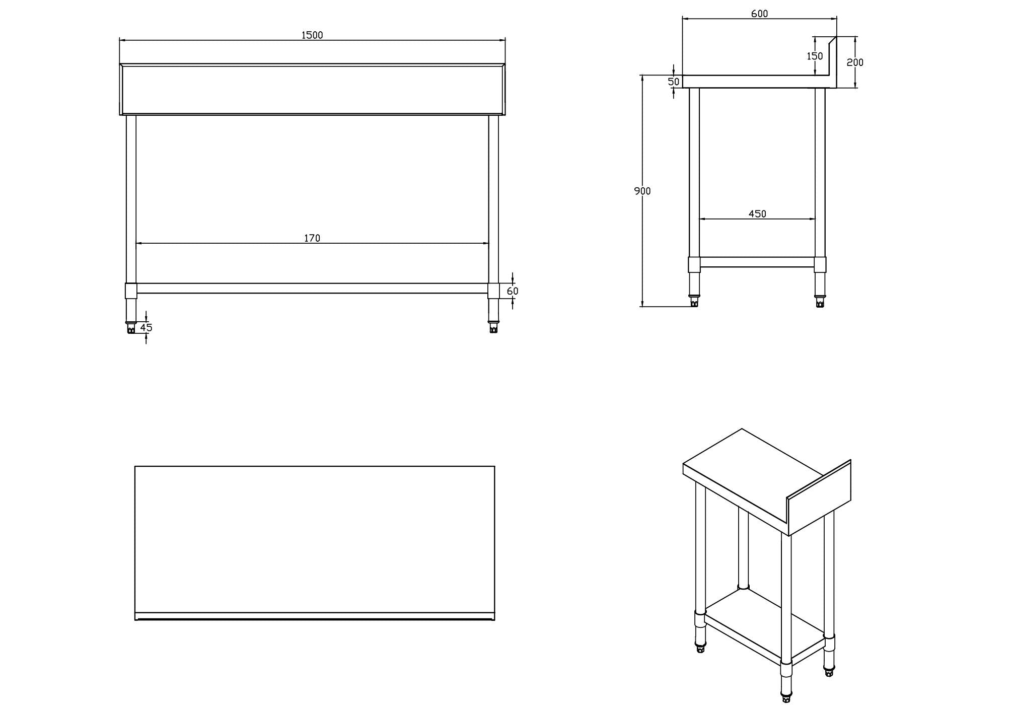 KitchenKnock Working Bench With Splash Back - 600 Single - AWS - 1500×600×900mm 424509 - Hospitality Connect