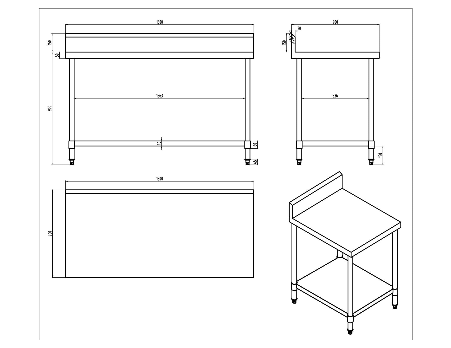 KitchenKnock Working Bench With Splash Back - 700 Series - AWS - 1500×700×900mm 424513 - Hospitality Connect