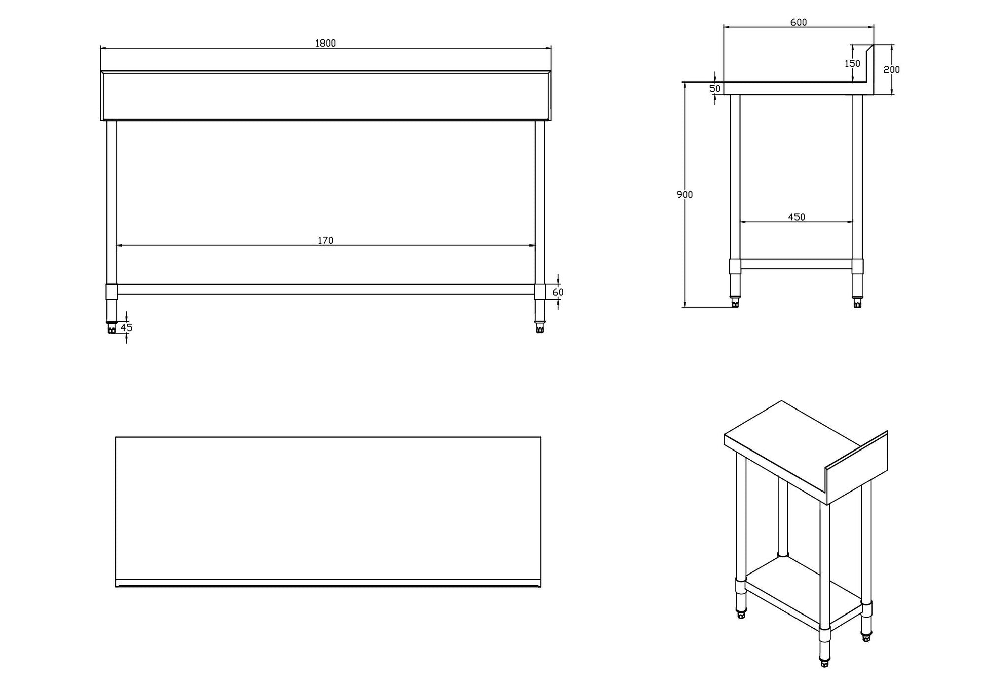 KitchenKnock Working Bench With Splash Back - 600 Single - AWS - 1800×600×900mm 424510 - Hospitality Connect