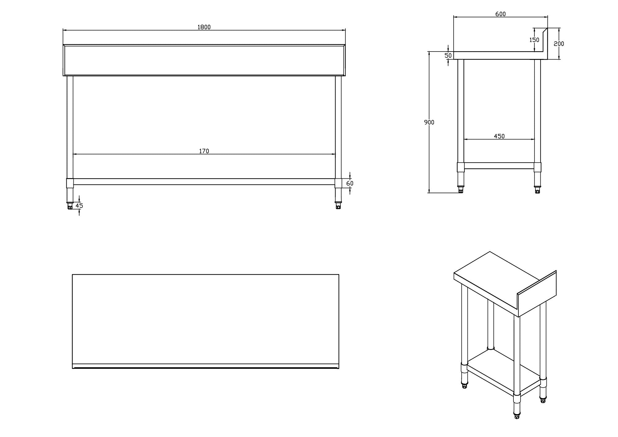 KitchenKnock Working Bench With Splash Back - 600 Single - AWS - 1800×600×900mm 424510 - Hospitality Connect