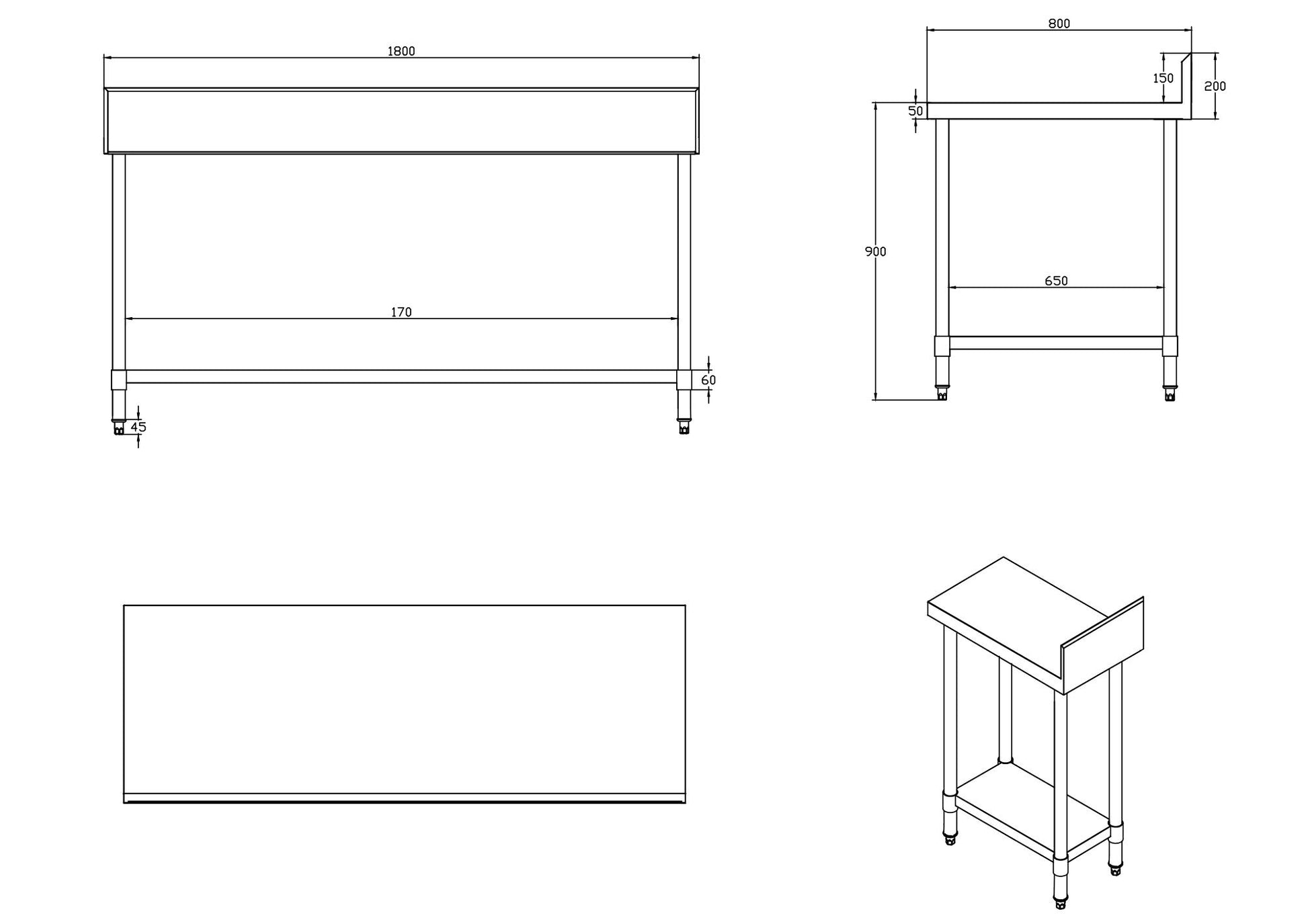 KitchenKnock Working Bench With Splash Back - 800 Series - AWS - 1800×800×900mm 620327 - Hospitality Connect