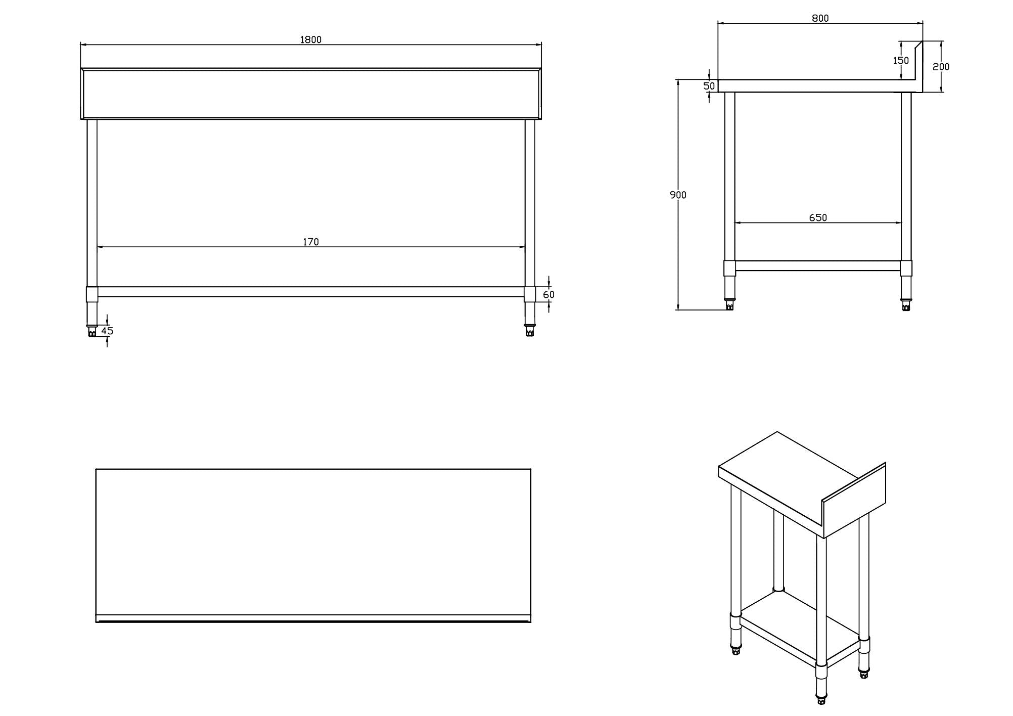 KitchenKnock Working Bench With Splash Back - 800 Series - AWS - 1800×800×900mm 620327 - Hospitality Connect