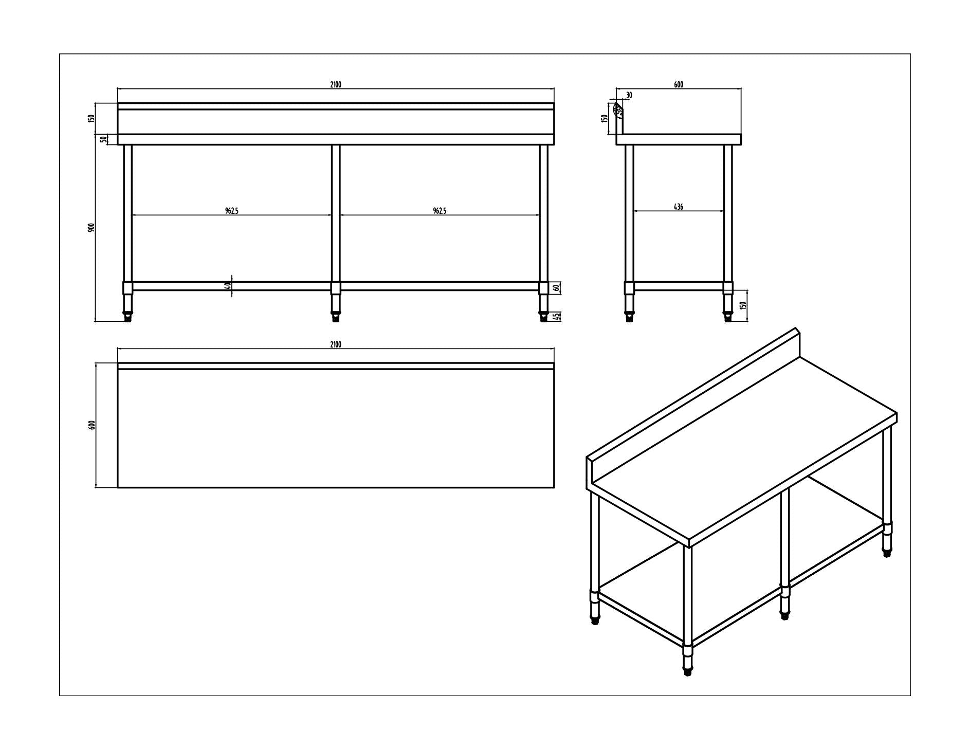 KitchenKnock Working Bench With Splash Back - 600 Single - AWS - 2100×600×900mm 631615 - Hospitality Connect