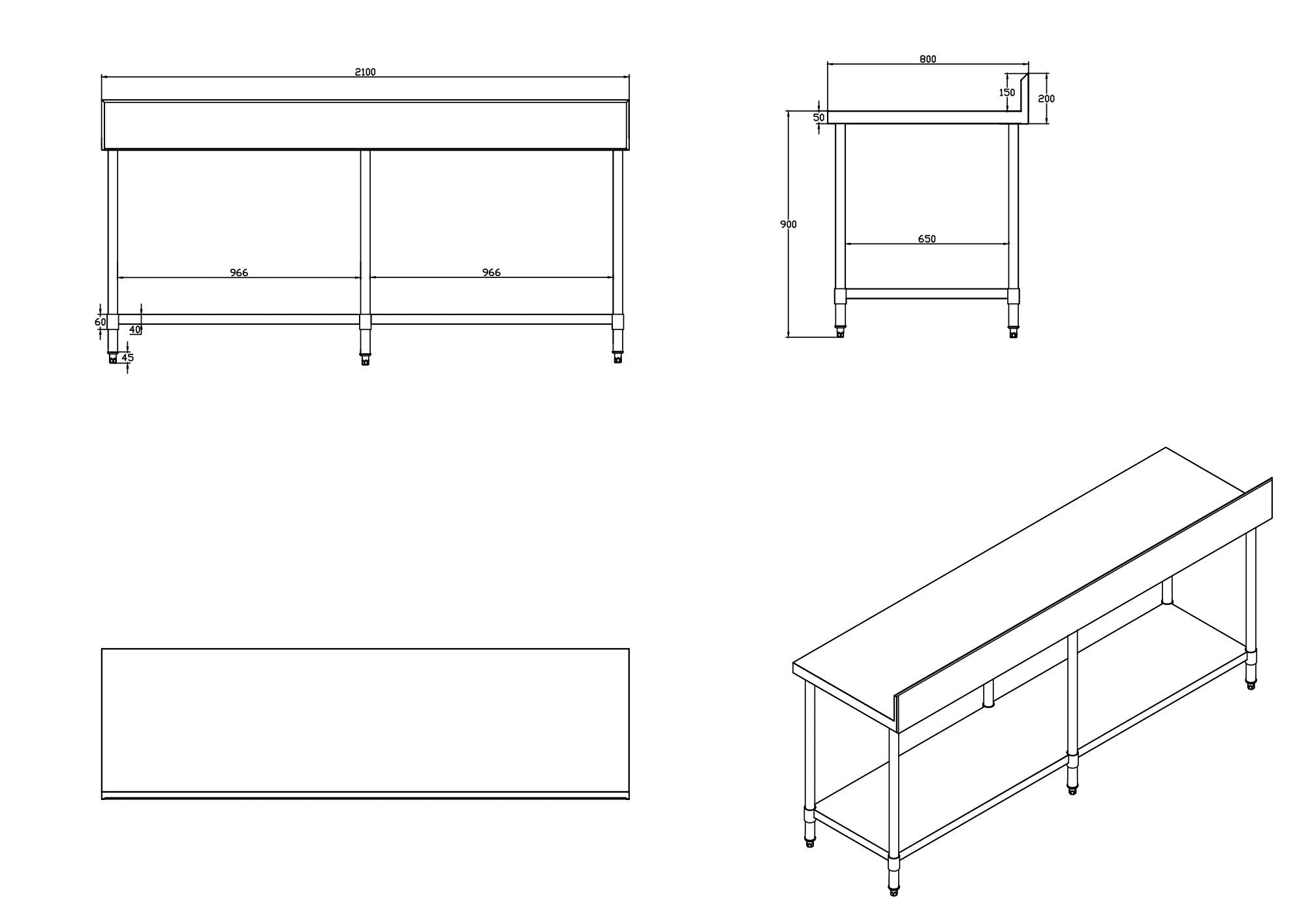 KitchenKnock Working Bench With Splash Back - 800 Series - AWS - 2100×800×900mm 620328 - Hospitality Connect