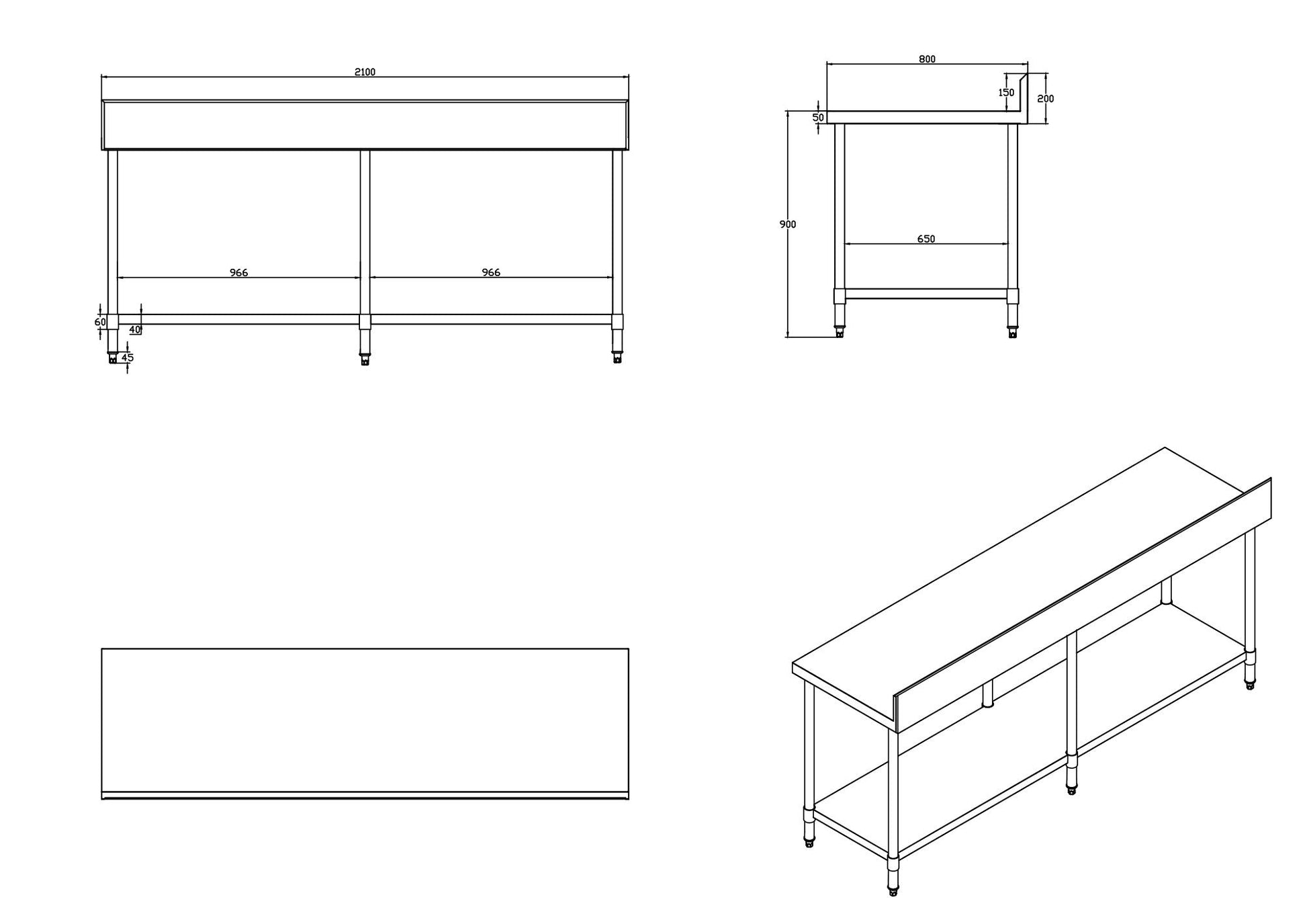KitchenKnock Working Bench With Splash Back - 800 Series - AWS - 2100×800×900mm 620328 - Hospitality Connect