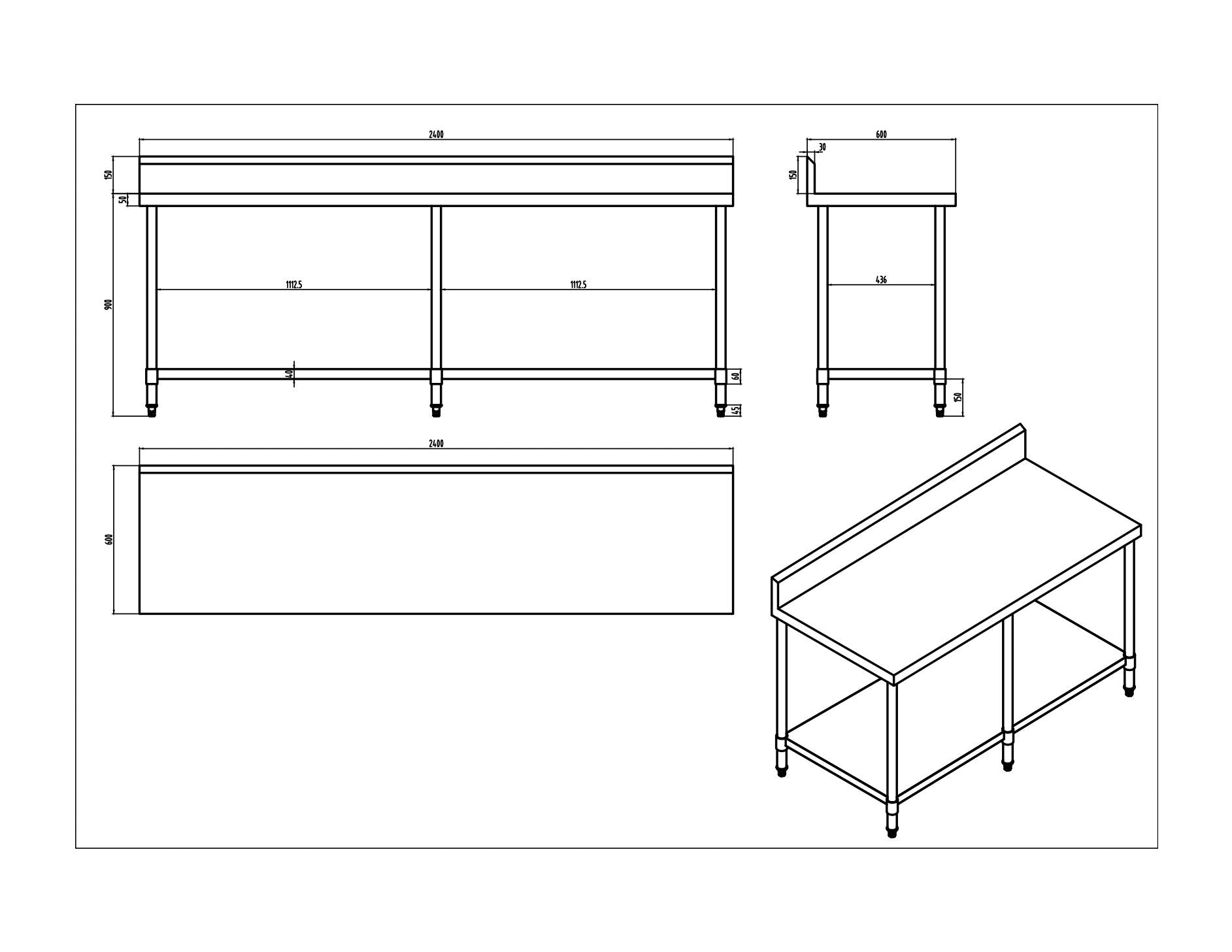 KitchenKnock Working Bench With Splash Back - 600 Single - AWS - 2400×600×900mm 419929 - Hospitality Connect