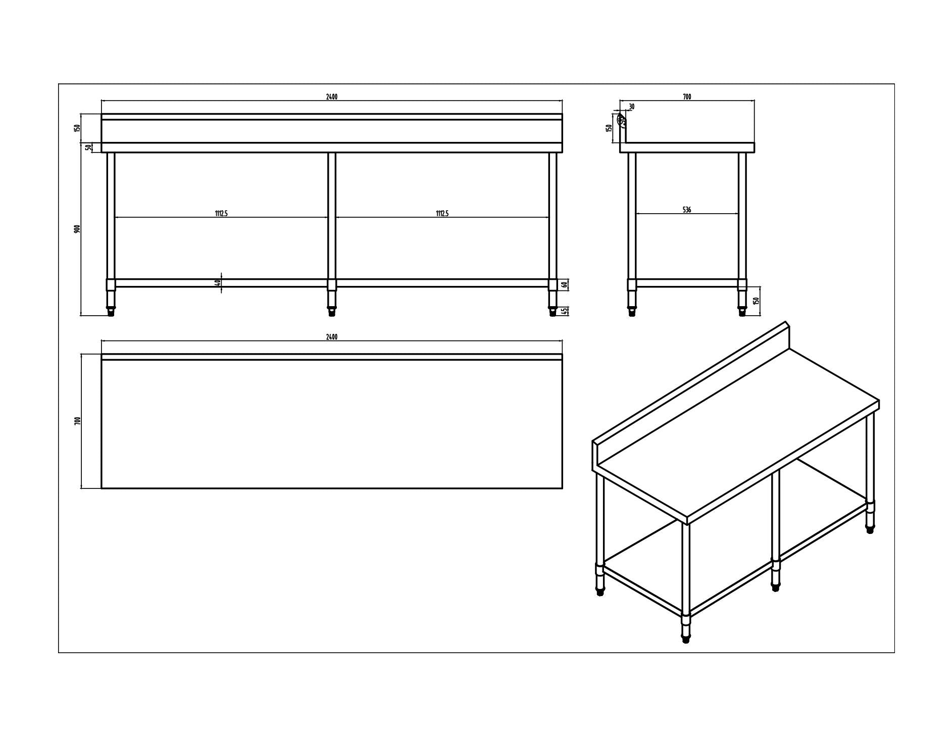KitchenKnock Working Bench With Splash Back - 700 Series - AWS - 2400×700×900mm 419934 - Hospitality Connect