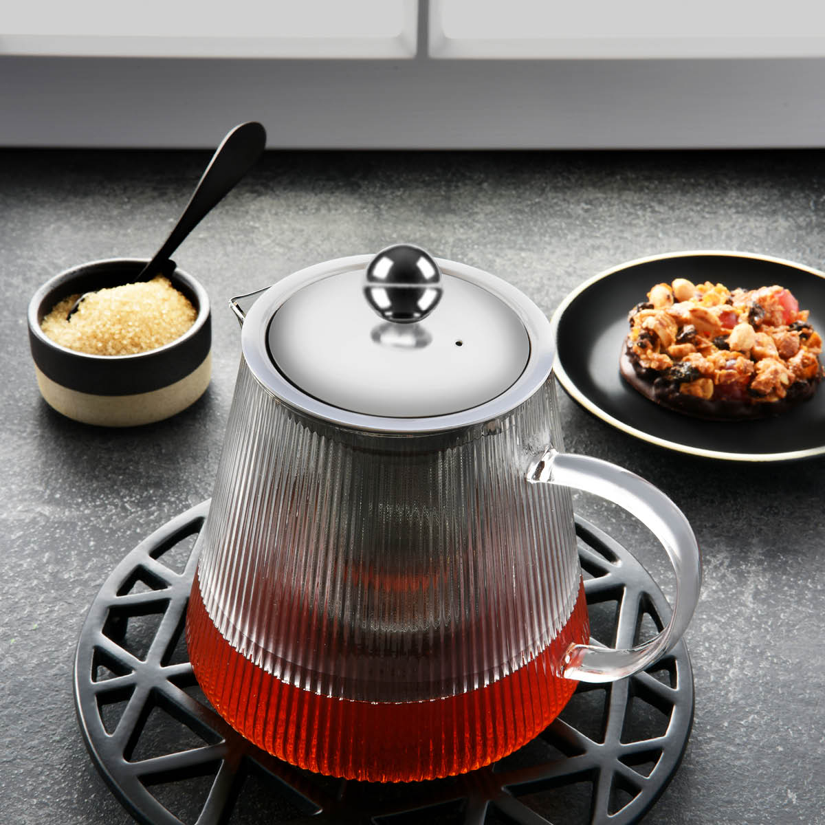 BREW INFUSION GLASS TEAPOT w/FILTER & LID 600ml VERT STRIPE Box of 2 - Hospitality Connect