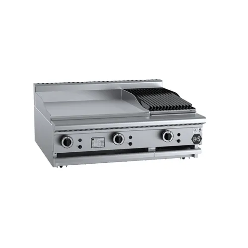 B&S Black Combination 600mm Grill Plate & 300mm Char Broiler Bench Mounted BT-GRP6-CBR3BM. - Hospitality Connect