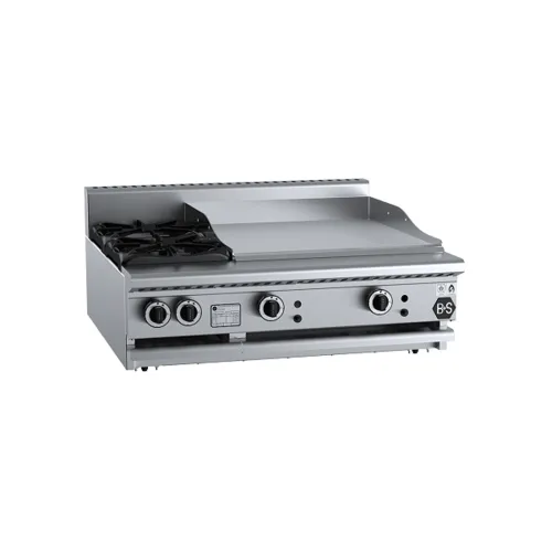 B&S Black Combination Two Open Burners & 600mm Grill Plate Bench Mounted BT-SB2-GRP6BM. - Hospitality Connect