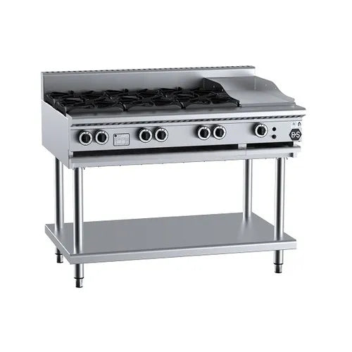 B&S Black Combination Six Open Burners & 300mm Grill Plate BT-SB6-GRP3. - Hospitality Connect