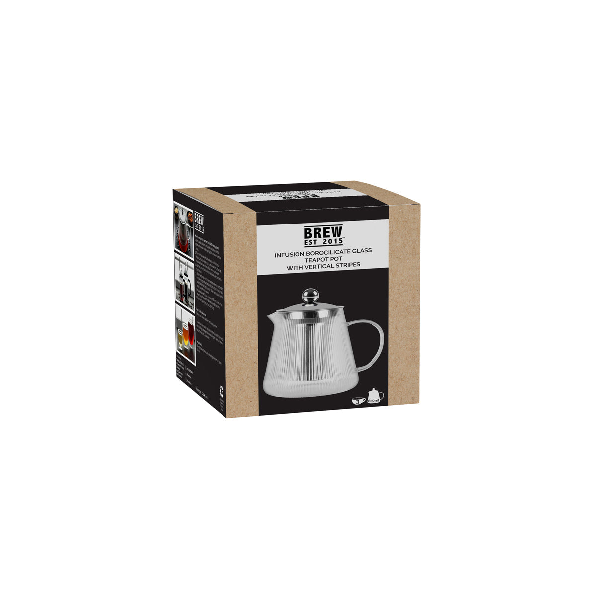 BREW INFUSION GLASS TEAPOT w/FILTER & LID 600ml VERT STRIPE Box of 2 - Hospitality Connect