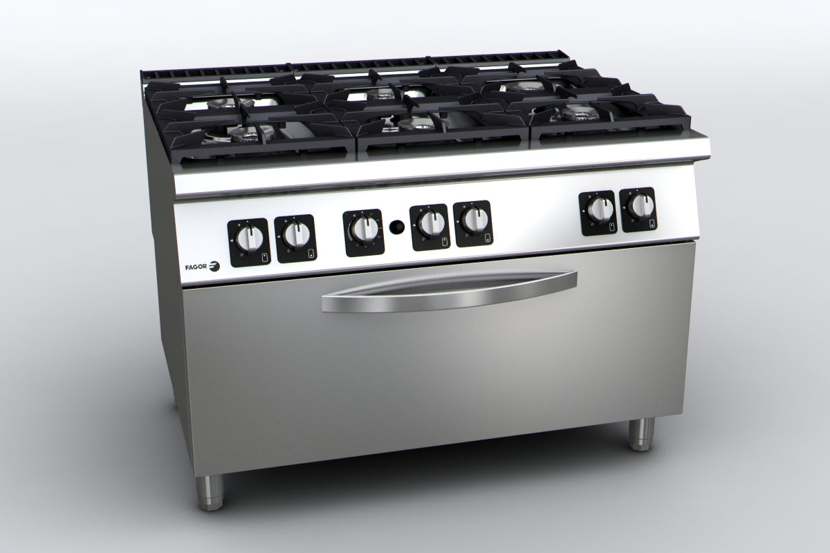 Fagor Kore 900 Series gas stove range with six burners and built-in oven, stainless steel finish, and control knobs.