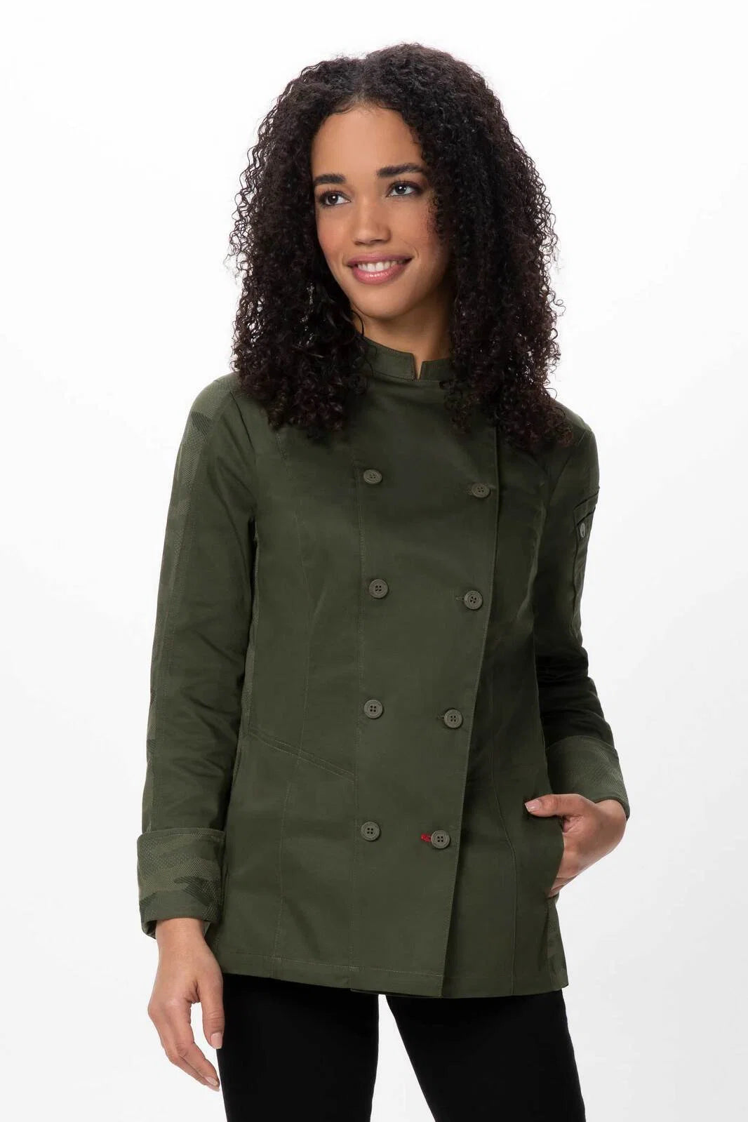 Olive green Chef Works Mojave women's short sleeve chef jacket, 2XL size, with a clean, professional appearance.