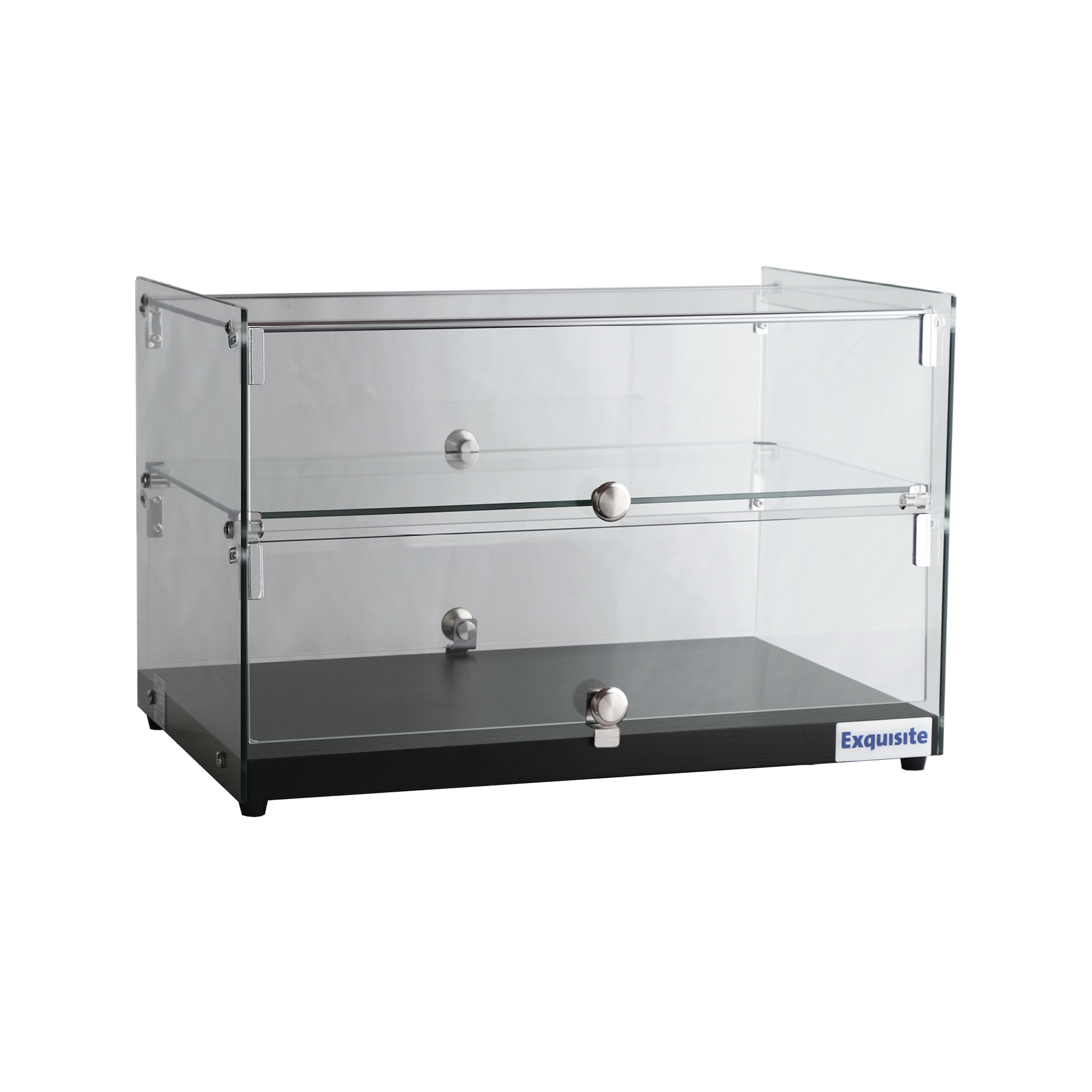 Exquisite CD50-Black Two Tiers Flat Glass Ambient Cake Display – Woodgrain Black Colour 50 Litre - Hospitality Connect