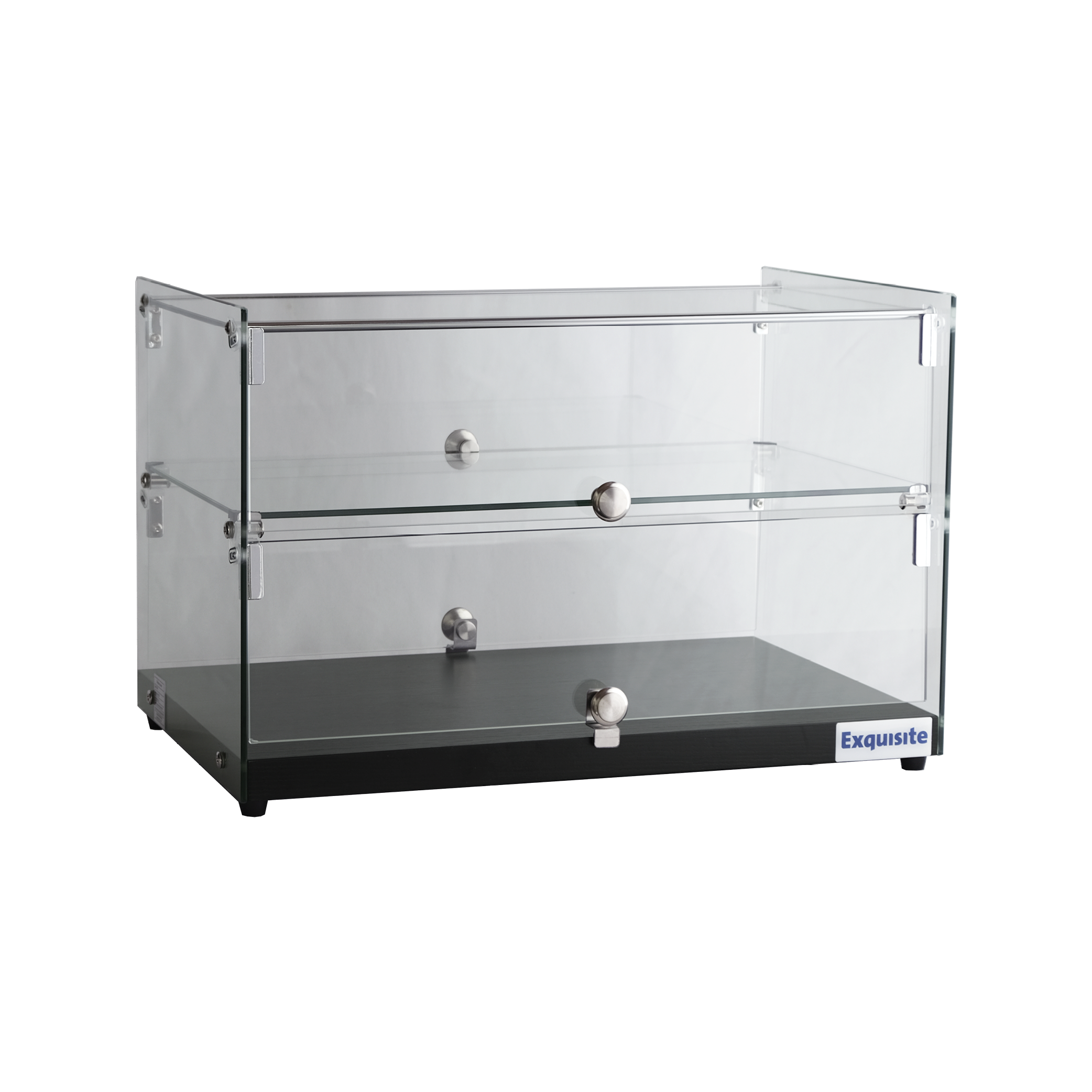 Exquisite CD50-Black Two Tiers Flat Glass Ambient Cake Display – Woodgrain Black Colour 50 Litre - Hospitality Connect