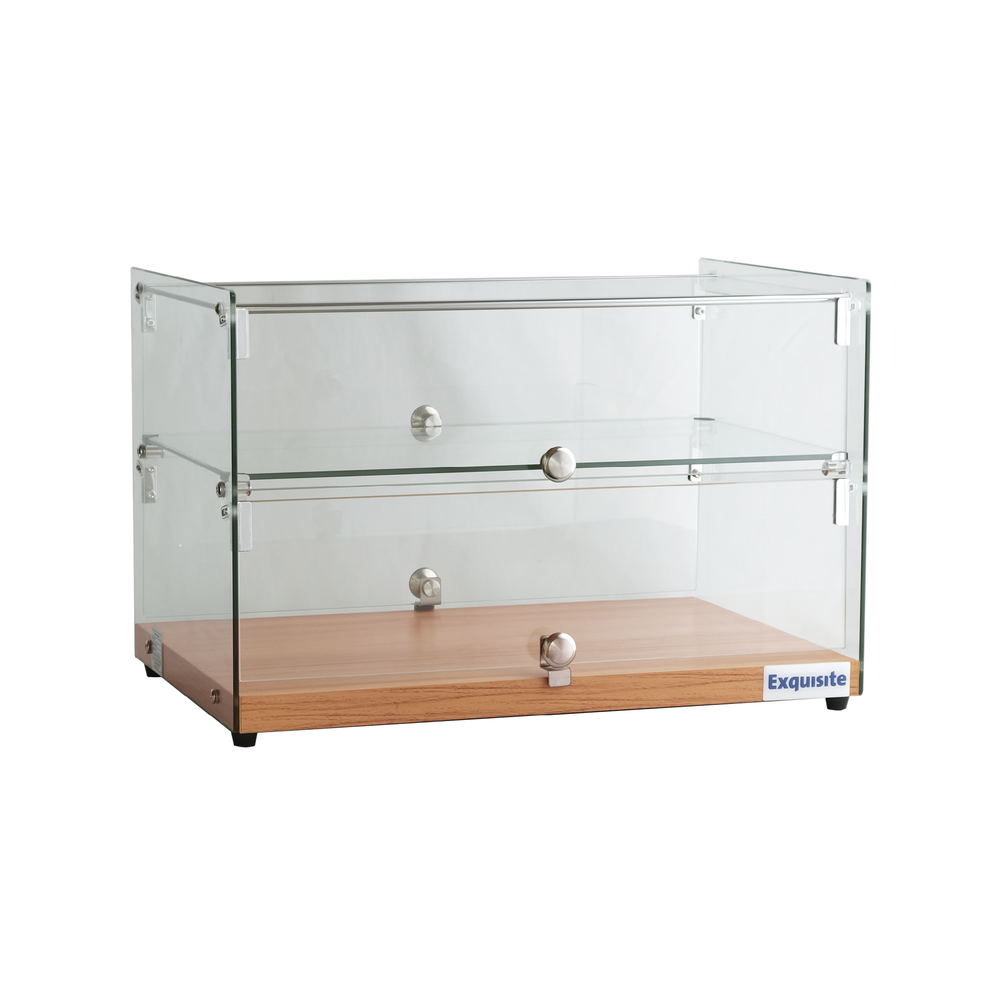 Exquisite CD50-Oak Two Tiers Flat Glass Ambient Cake Display – Natural Oak Colour 50 Litre - Hospitality Connect
