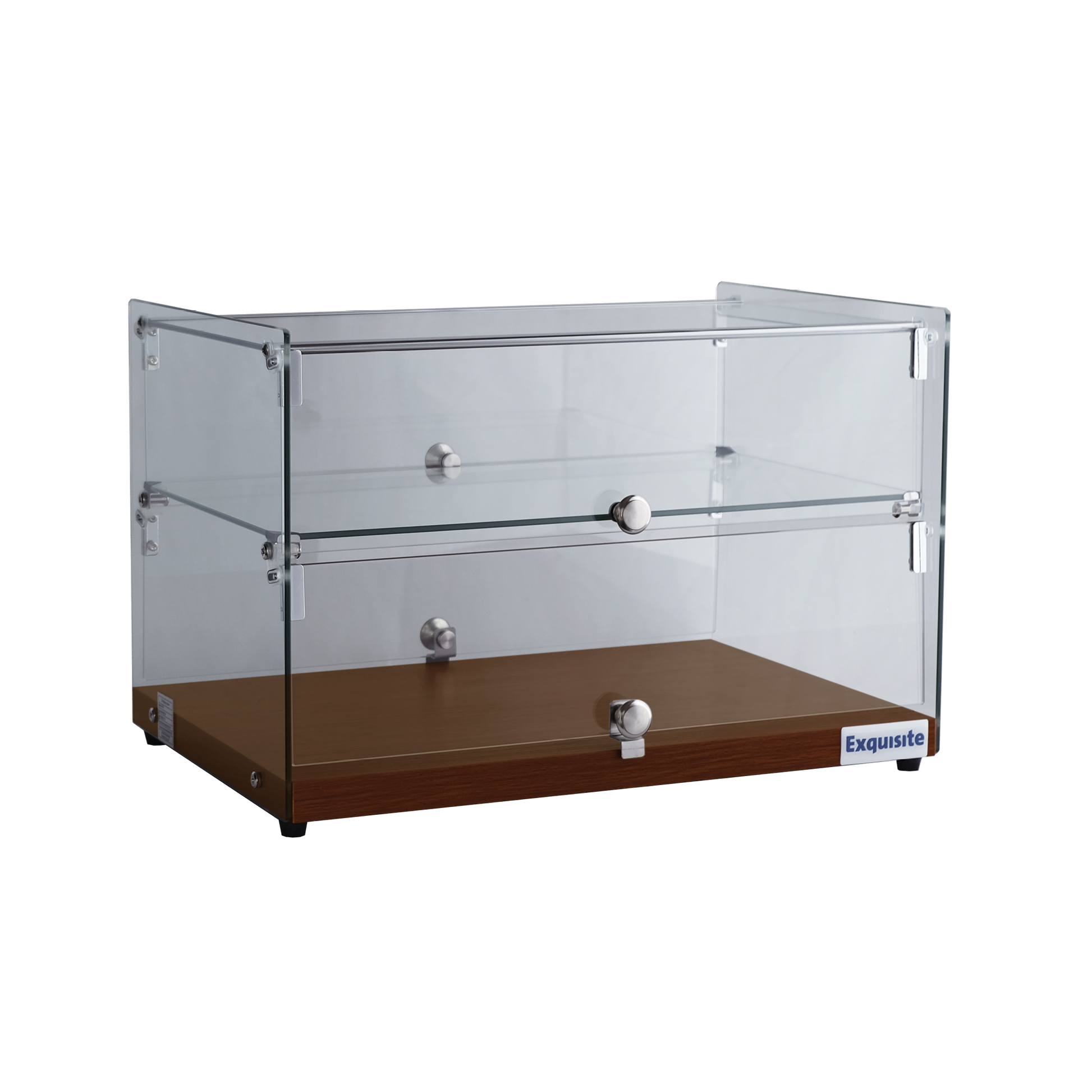 Exquisite CD50-Walnut Two Tiers Flat Glass Ambient Cake Display – Elegant Walnut Colour 50 Litre - Hospitality Connect