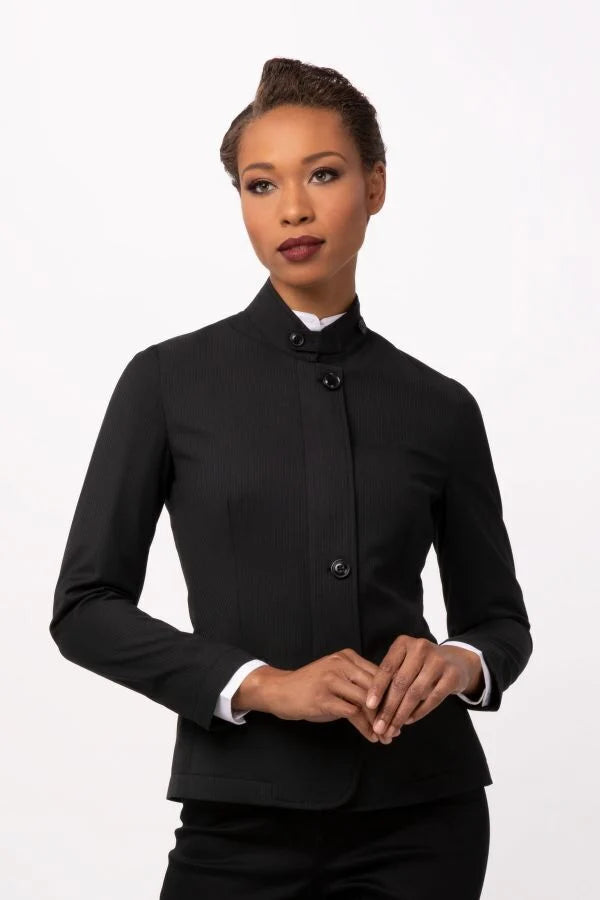 Chef Works Apex women's banquet coat, stylish black outerwear with a tailored fit for professional catering or hospitality settings.