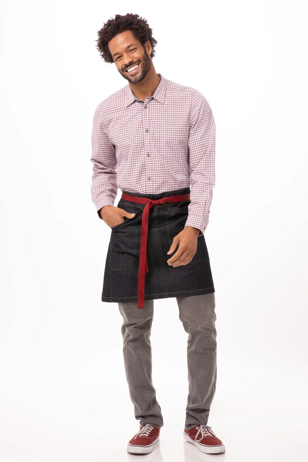 Chef Works Berkeley Half Bistro Snap Apron showing a durable black apron with adjustable straps and snap closures.