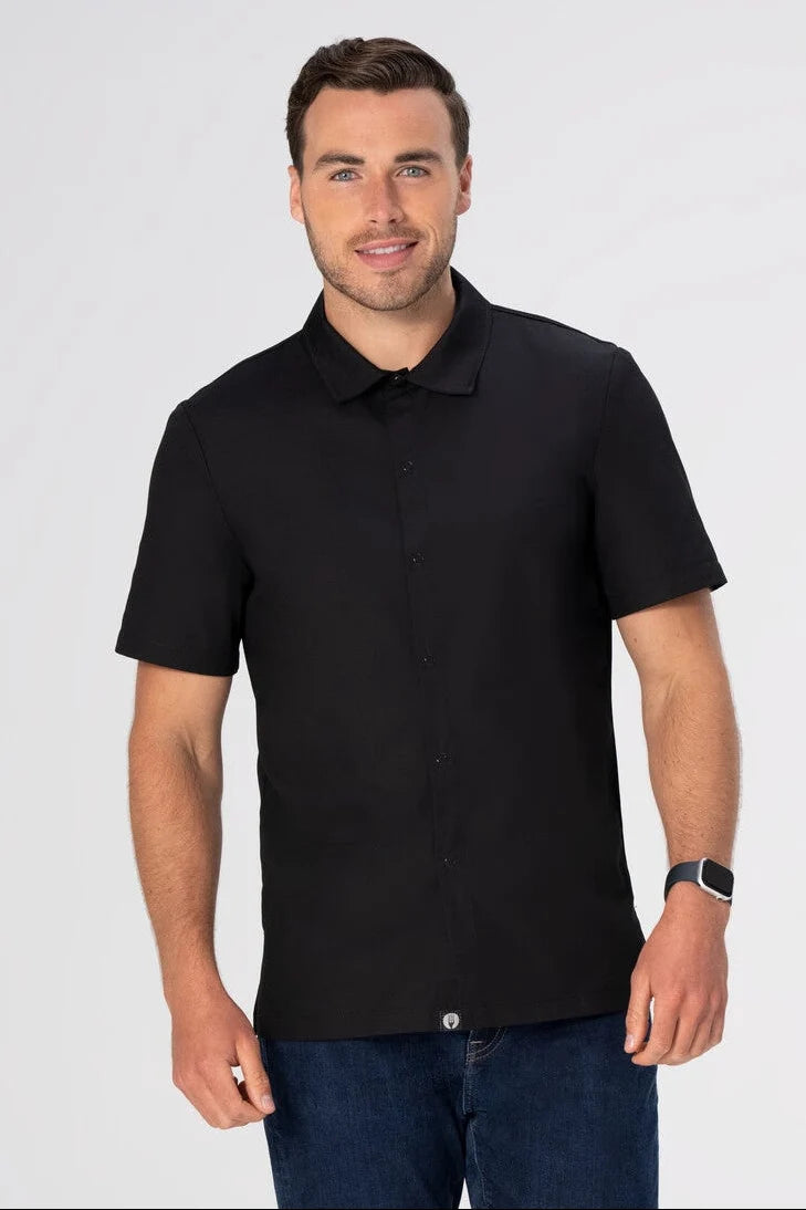 Chef Works Durham Snap Work Shirt showing a durable, navy blue work shirt with snap buttons and chest pockets.