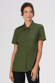 Chef Works Durham Women's Snap Work Shirt showing a fitted, breathable work shirt with snap buttons and short sleeves.