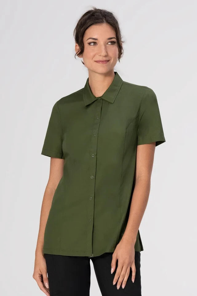 Chef Works Durham Women's Snap Work Shirt showing a fitted, breathable work shirt with snap buttons and short sleeves.