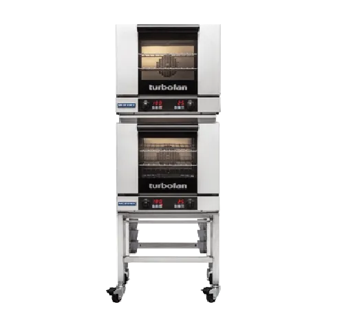 Turbofan E23D32 - Half Size Tray Digital Electric Convection Ovens Double Stacked on a Stainless Steel Base Stand - Hospitality Connect