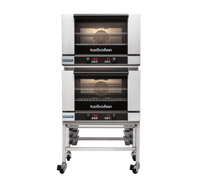 Turbofan E27D22C - Full Size Tray Digital Electric Convection Ovens Double Stacked on a Stainless Steel Base Stand