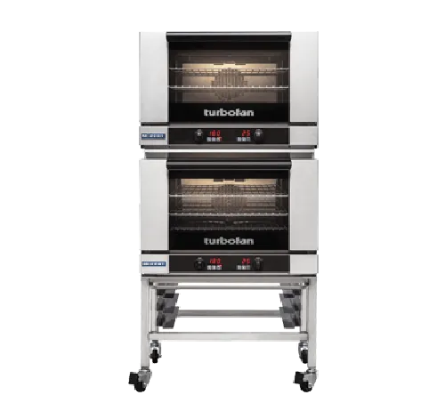 Turbofan E27D32 - Full Size Tray Digital Electric Convection Ovens Double Stacked on a Stainless Steel Base Stand - Hospitality Connect