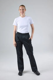 Black women's Chef Works Essential Baggy chef pants with a loose fit and comfortable design, suitable for professional kitchen wear.