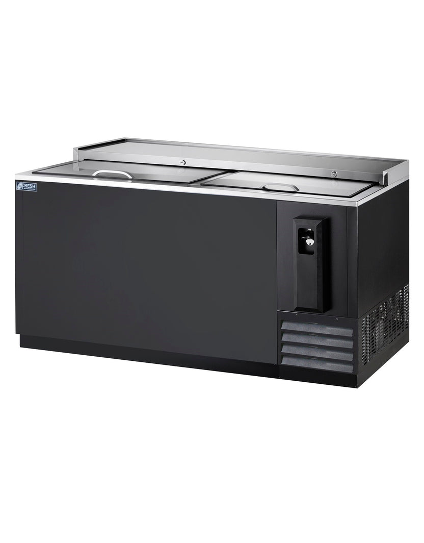 Fresh Bottle Cooler FBC-65B under bench fridge with glass door and stainless steel frame, perfect for wine and beverage storage.