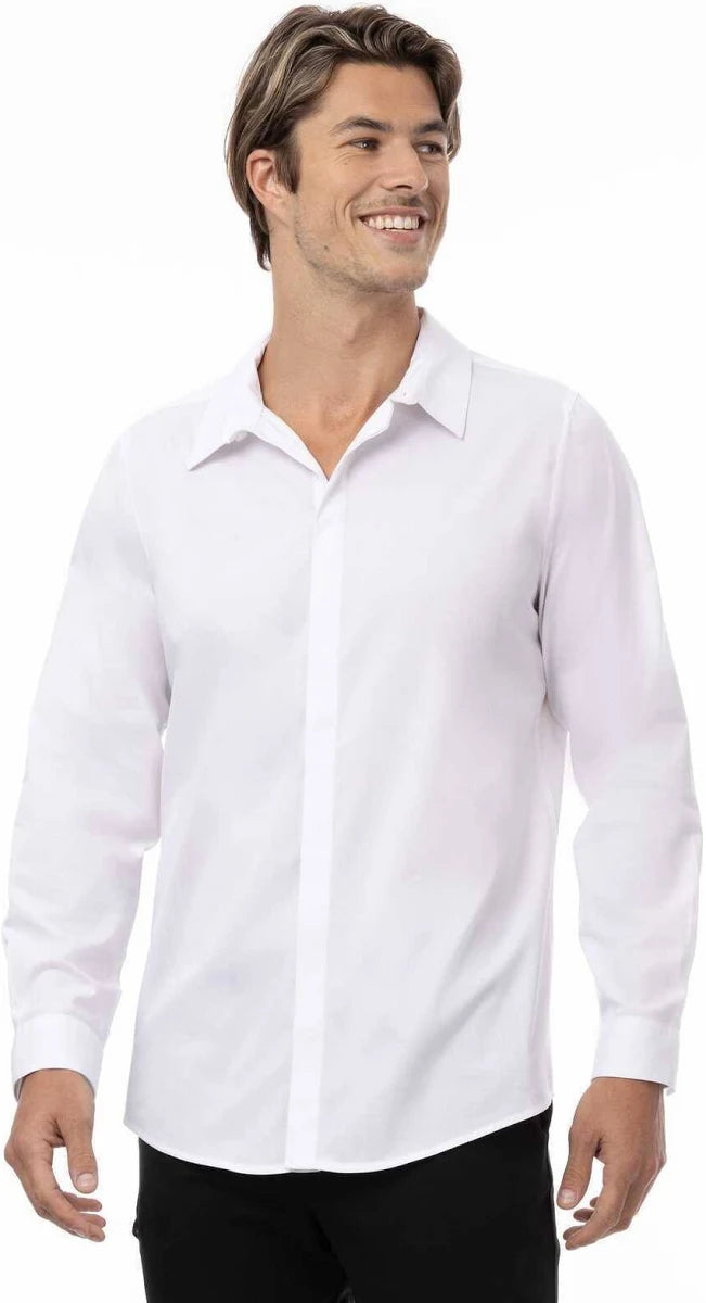 Chef Works premium formal men's dress shirt, white with a classic collar and button-front design, suitable for professional attire.