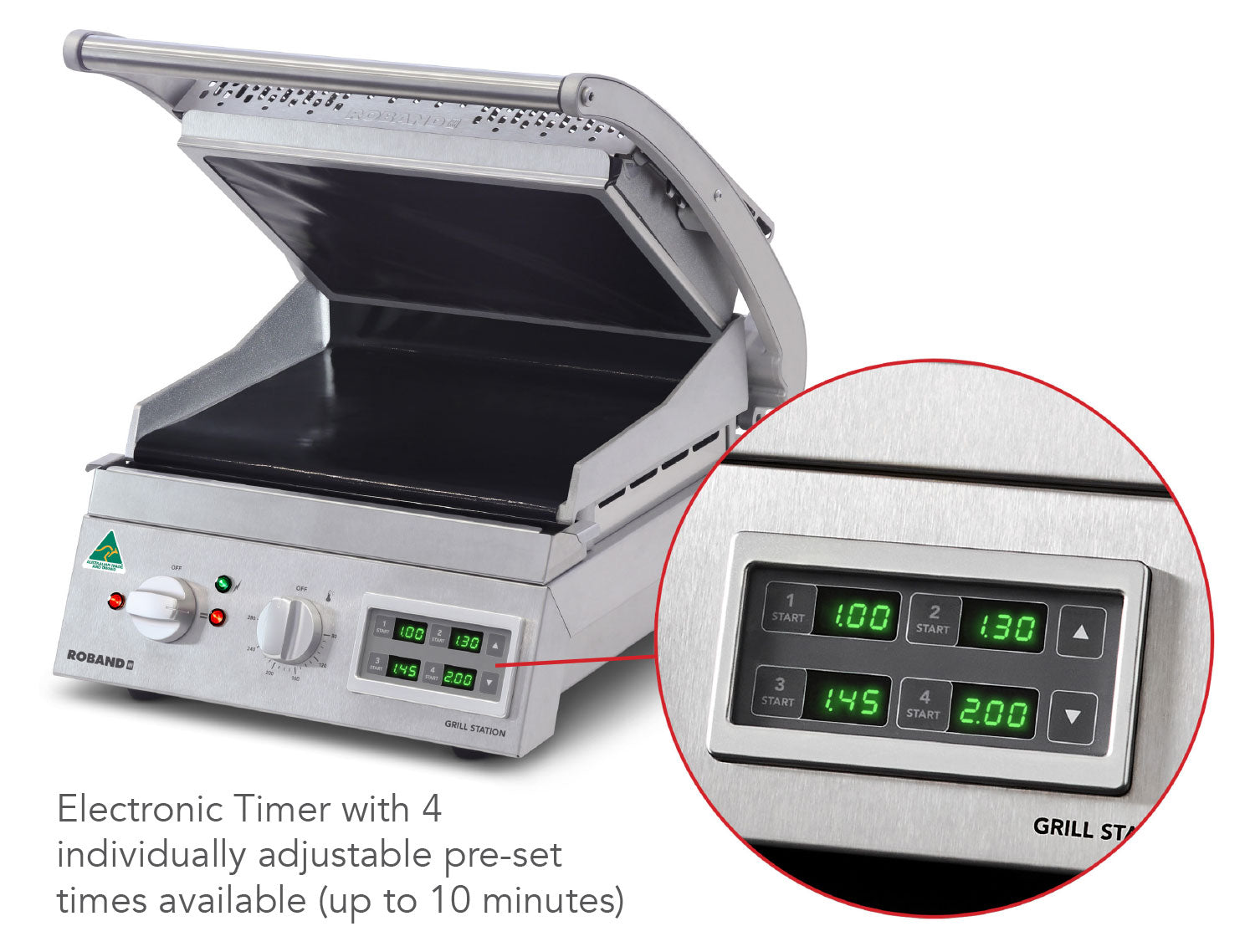 Roband Grill Station Electronic Timer, 6 slice, smooth plates, 9.6 Amp GSA610SE