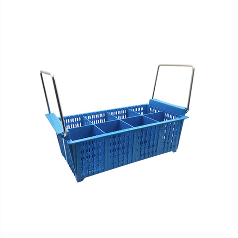 Blue JIWINS cutlery basket with 8 compartments and handle, made of polypropylene, measuring 427x208x151mm, for restaurant use.