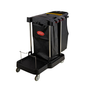 Black JIWINS compact cleaning cart made of polypropylene with dimensions 1260x575x975mm, designed for efficient cleaning tasks.