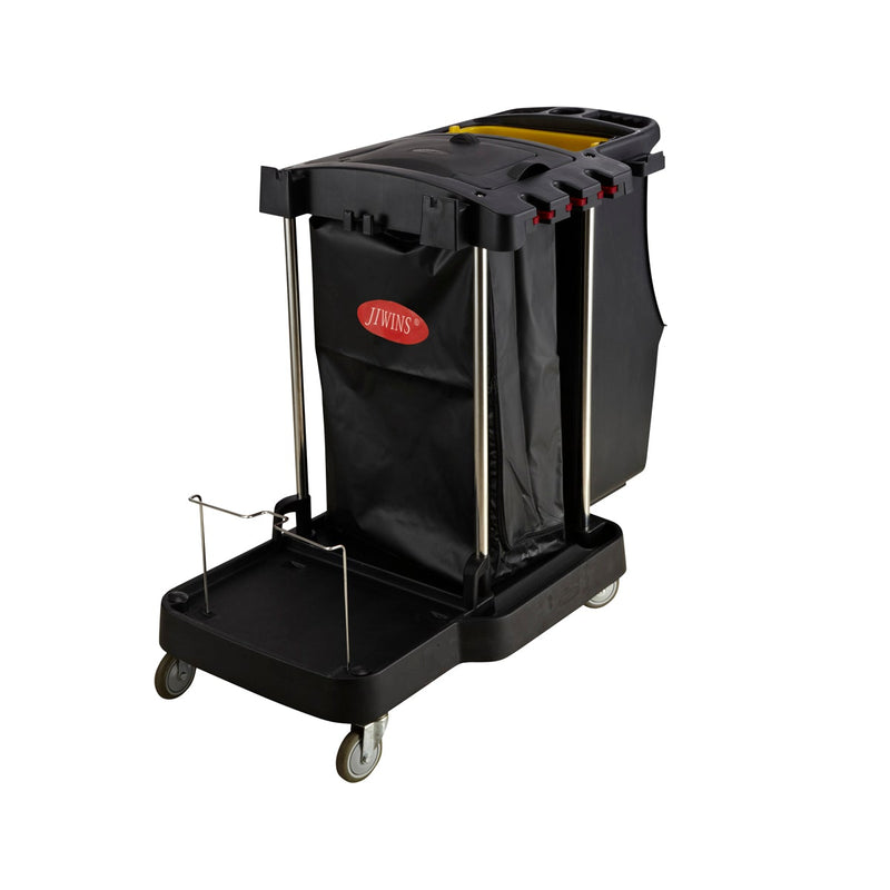 Black JIWINS compact cleaning cart made of polypropylene with dimensions 1260x575x975mm, designed for efficient cleaning tasks.