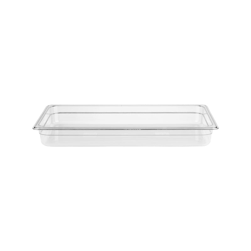 Clear JIWINS gastronorm pan made of polycarbonate, 1/1 size, 65mm deep, 8.5 liters capacity for professional kitchen use