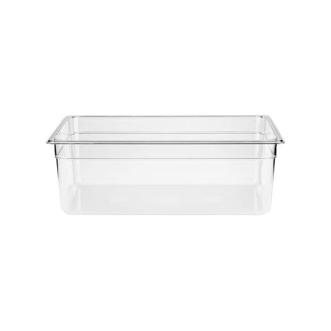 Clear JIWINS Gastoronom Pan in polycarbonate, 1/1 size, 200mm deep, 25.6L capacity, ideal for commercial food service.