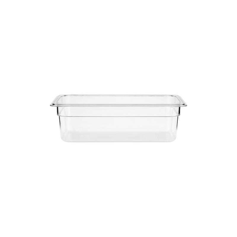 Clear JIWINS GastroNorm pan made of polycarbonate, 1/2 size, 100mm deep, 5.9L capacity, designed for professional kitchen use.