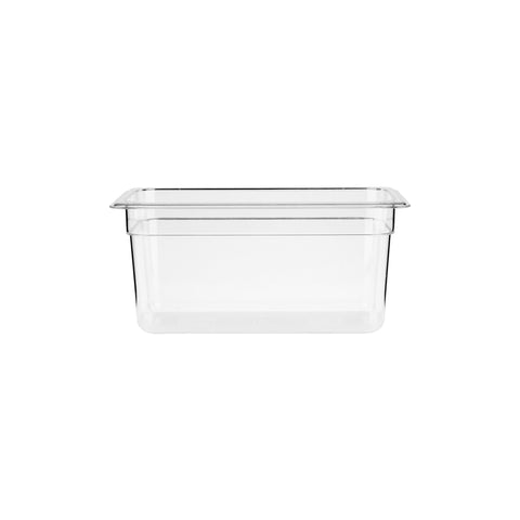 Clear polycarbonate gastronorm pan by JIWINS, 1/2 size, 150mm deep, 8.9L capacity for professional food storage.