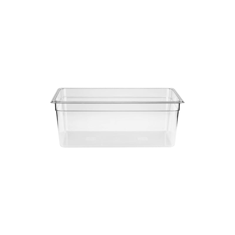 Clear polycarbonate gastronorm pan by JIWINS, 1/2 size, 200mm deep, 11.7L capacity, ideal for commercial food storage and prep.