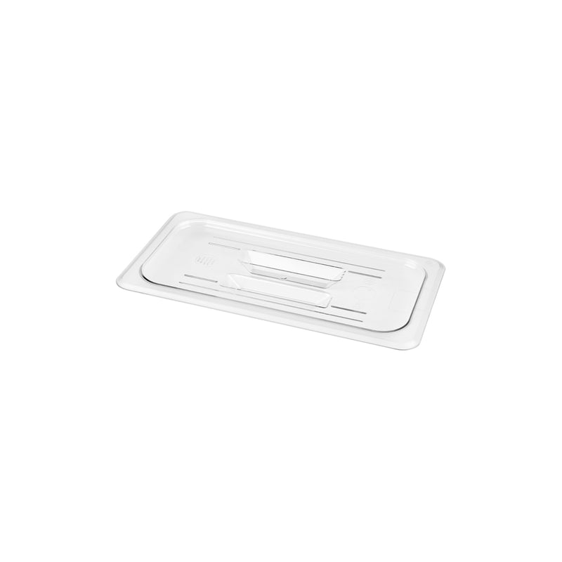 Clear JIWINS flat polycarbonate lid for 1/2 size containers, measuring 325x265mm, designed for hospitality use