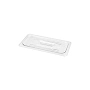 Clear JIWINS polycarbonate lid with handle for 1/2 size containers, measuring 325x265mm, designed for hospitality use