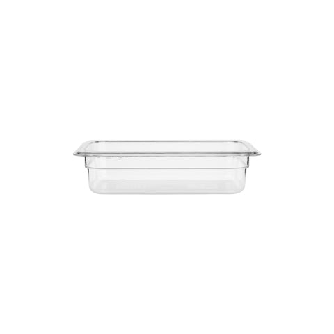 Clear JIWINS GastroNorm pan made of polycarbonate, 1/3 size, 100mm deep, 3.6L capacity, ideal for professional food service.
